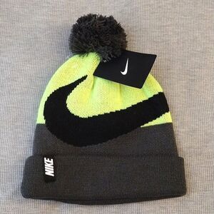 NIKE Big Kid's Volt Yellow Black Swoosh Pom Pom Knit Beanie NWT